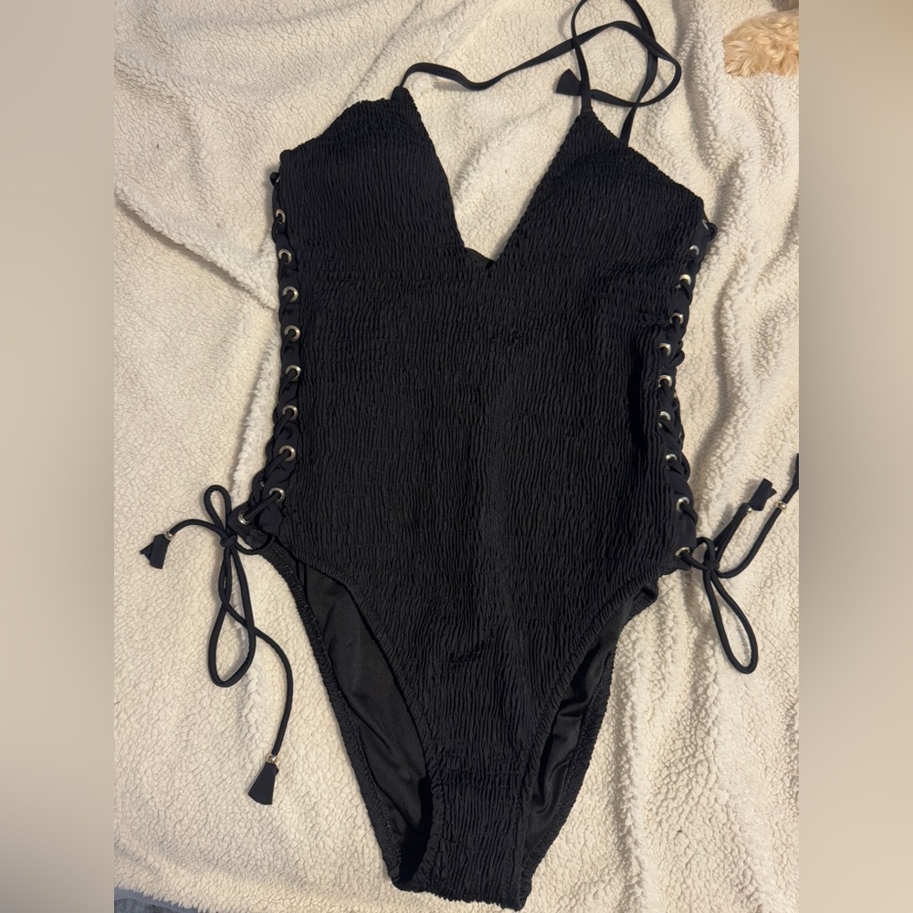 One piece v-neck halter textured swimsuit.